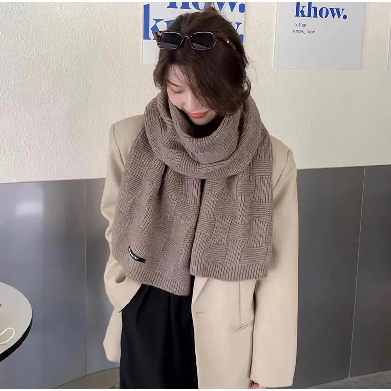 Korean Simple Solid Color Versatile Scarf Fashion Scarf Winter Ladies Shawl Elegant Knitted Warm Scarf Plaid Scarf