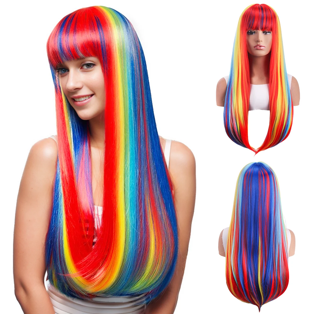 26 inch colored straight bangs women\'s heat-resistant synthetic wig suitable for holiday parties, Halloween ball role-playing