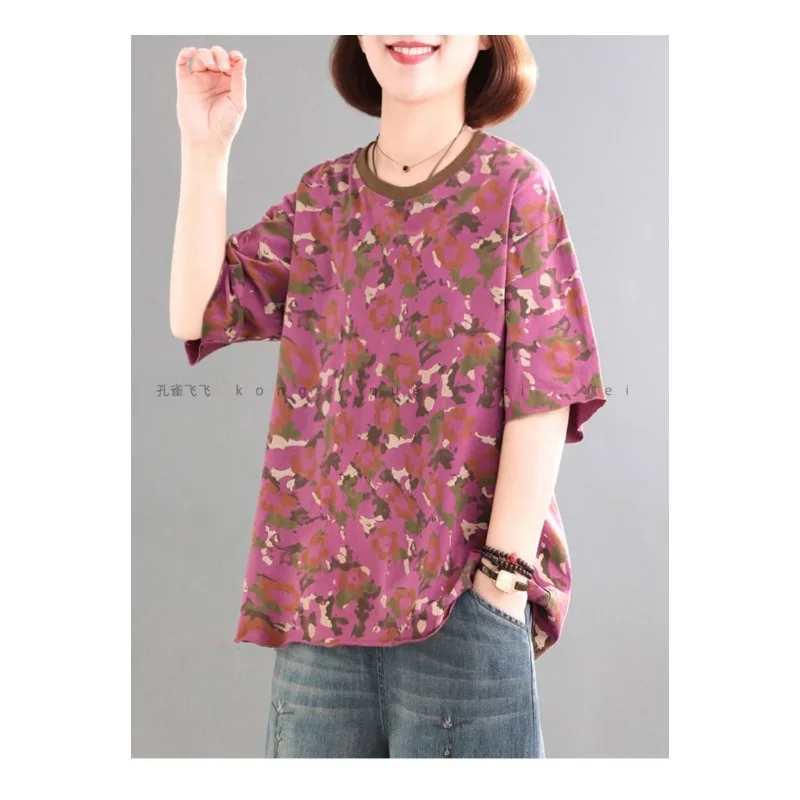 T-shirt casual a maniche corte con temperamento retrò pullover stampato coreano da donna 2025 Top elegante e versatile