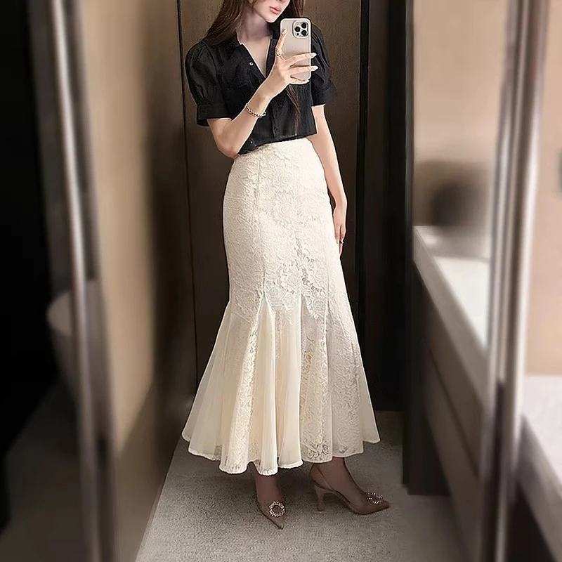 2026 Spring Fall Women High Waisted Ruffles Chiffon Patchwork Black Beige Lace Skirt , Woman Elegant Slim Mermaid Skirts