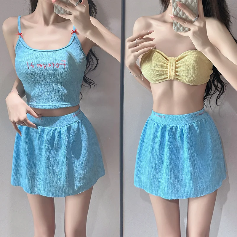 sexy blue bow bikinis sets 3pcs bandeau swimsuits with cropped vest mini skirts swimwear beach outfits sweet biquini tankini
