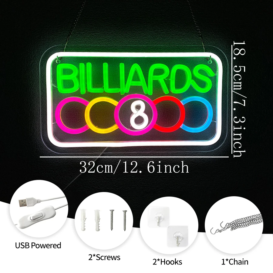 Billiards Neon Sign for Wall Decor,LED Neon Light Signs for Game Room Party Pub Bar Club Bedroom Man Cave Decor Gift USB Powered