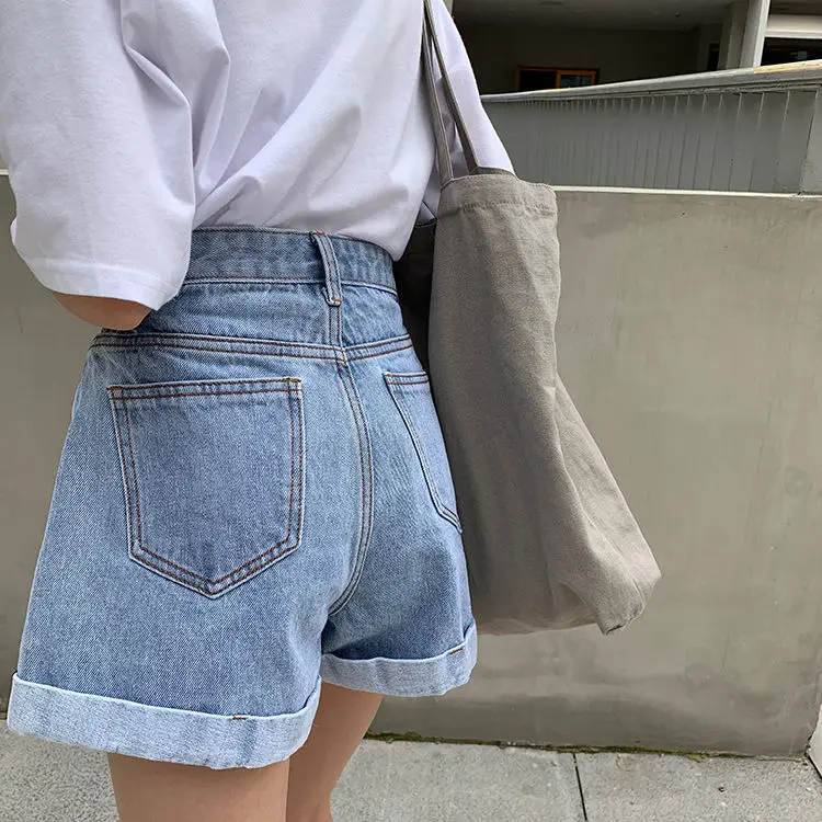 2026 Summer New Ins Trendy Denim Shorts Women's Casual Loose-Fit High-Waisted Curved Edge Student A- Line Wide-Leg Pants