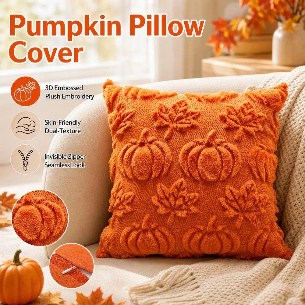 Fall Pumpkin Throw Pillow Covers 18x18 inch Rust Autumn Thanksgiving Decorations, Soft Fluffy Plush Faux Fur For Sofa Couch Bed