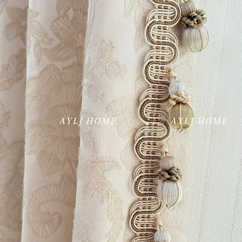 New French Flocking Jacquard Beige Thickened Curtains for Living Room Bedroom French Window Balcony Customized Products