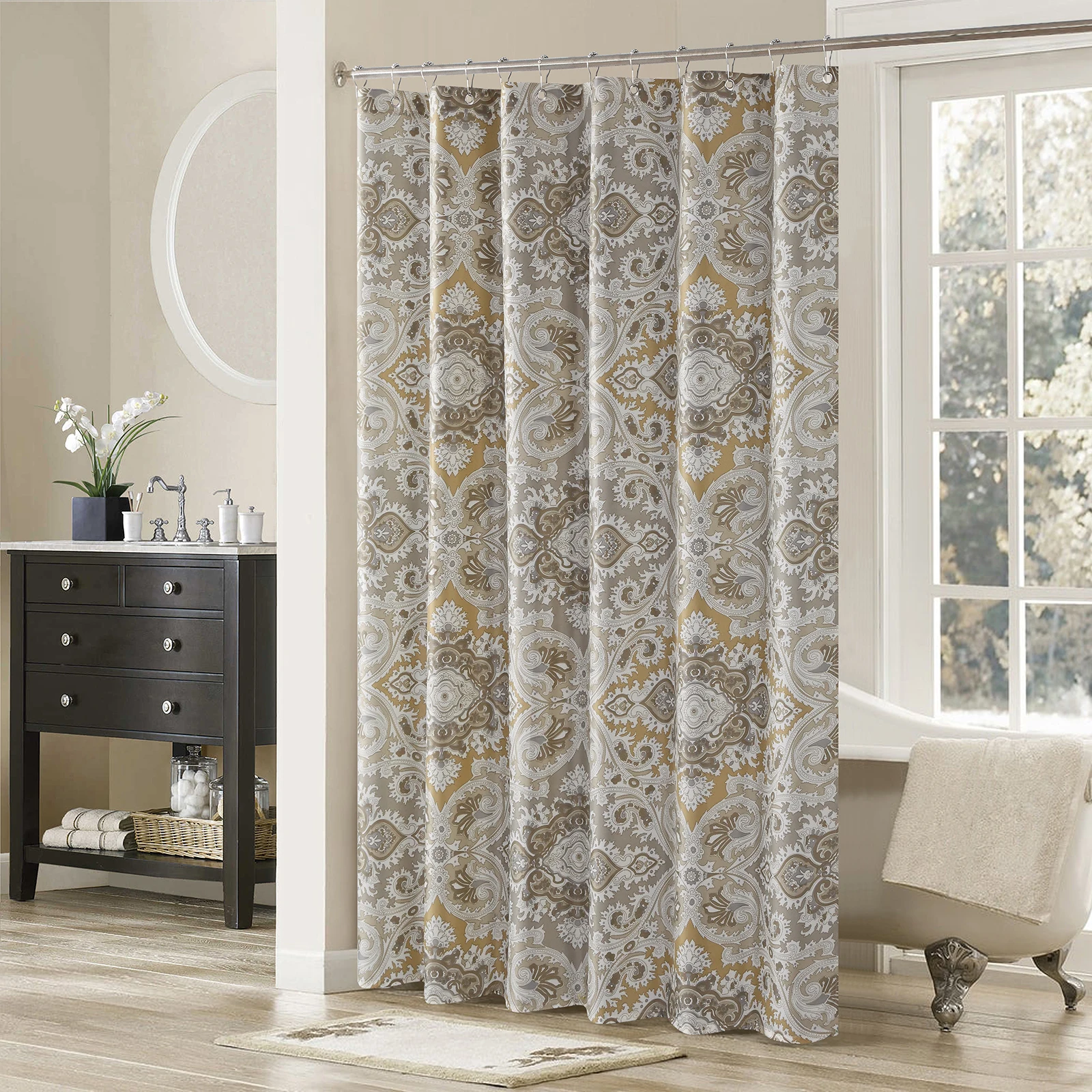 

Mandye Taupe Farmhouse Polyester Waterproof Printed Khaki Paisley Fabric Decoratived Vintage Tan Shower Curtain