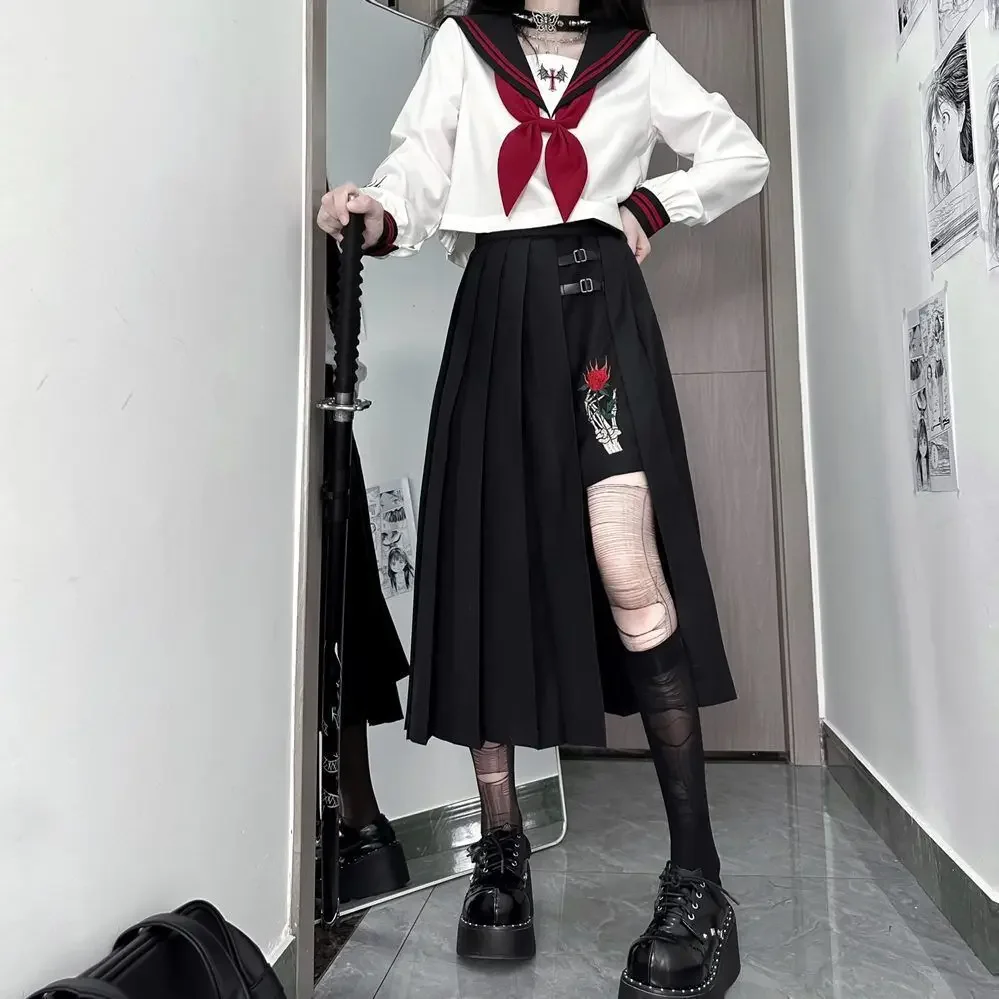 

Red Magic Rose JK Dress Bad Girl's Poetry Skirt School Skirt Dark Dress JK Uniform Embroidery Sailor Uniforms JK Cosplay Costume