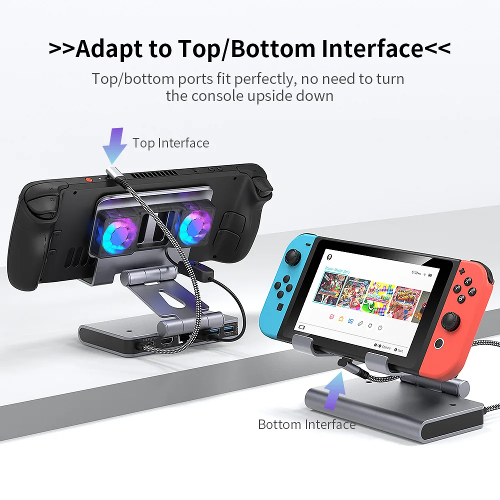 Steam Deck/Rog Ally X/Legion Go/Msi Claw용 팬 도킹 스테이션 6-In-1 Hdmi 4k가 포함된 조정 가능한 스탠드 스팀 데크 도크