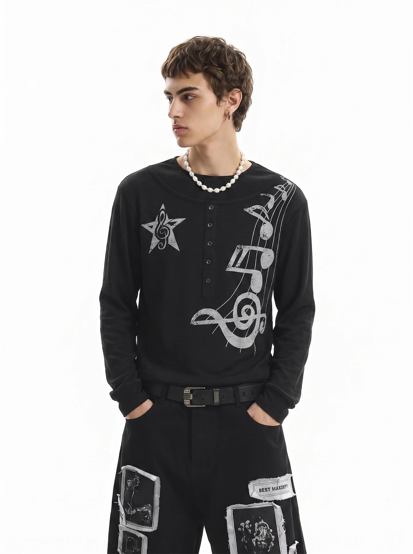BETEBULE American Street Style Worn Long Sleeve T-Shirt Men's Loose Fit Printed Henry Collar Top for Autumn 2026