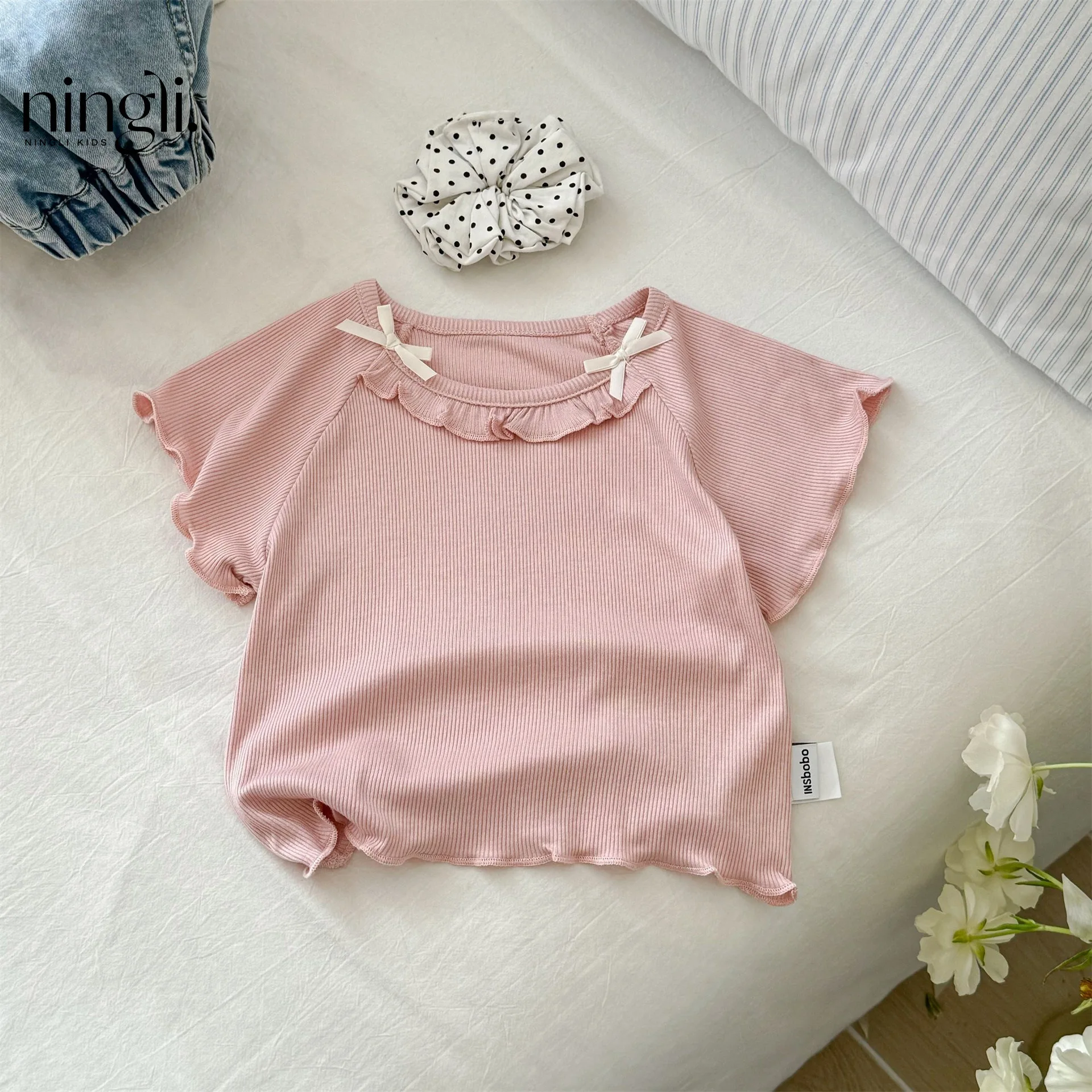 Summer cute girl T-shirt with Western style fungus lace base shirt, baby girl treasure bow short sleeved top