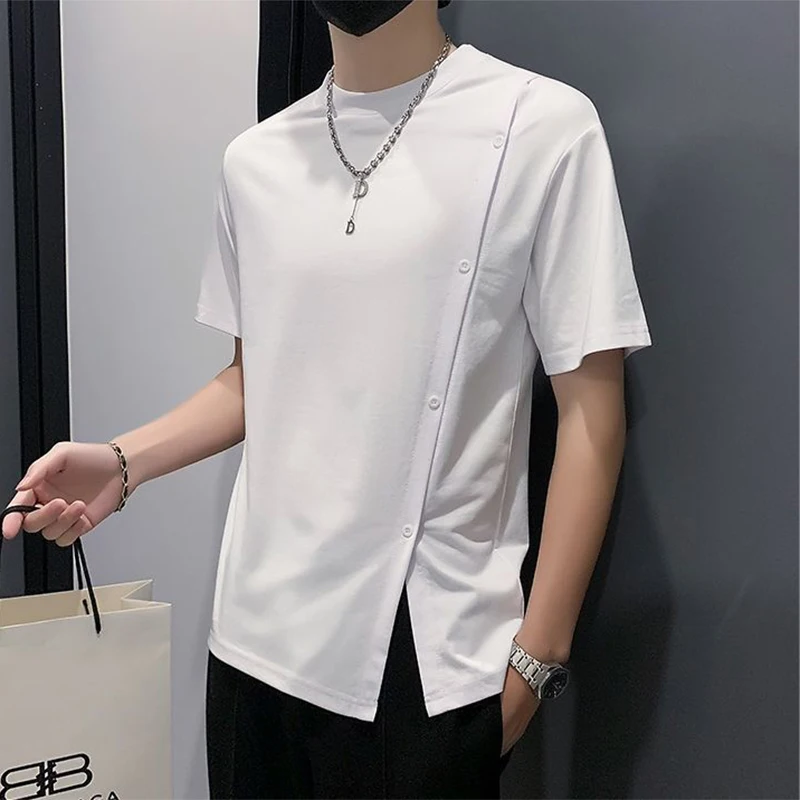 Button Decorate Slit Split Short Sleeve Men Sweatshirt Casual Fashion Oversized Pullovers Streetwear Black White Summer Slim New