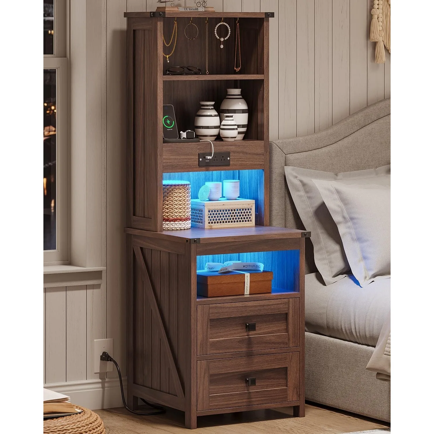 Farmhouse Tall Nightstand Set of 2 with Charging Station and 2 Drawers,Led White Night Stand Set of 2 with Bookshelf,Bedside End Side Table with Storage Shelves for Bedroom,Oak Brown