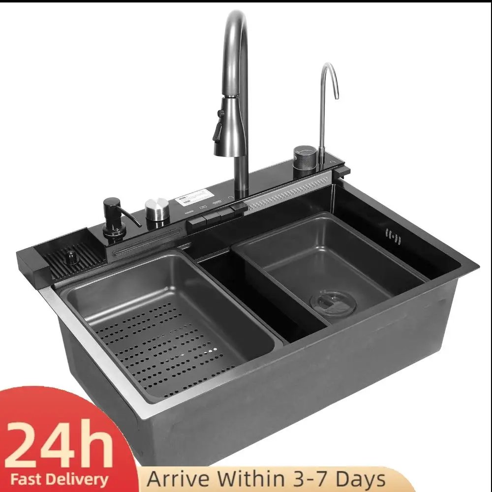 

Integrated Workstation Sink Digital Display Embossed Large Single Groove with Pull-Out Swivel Faucet With Pressurized Cup Washer