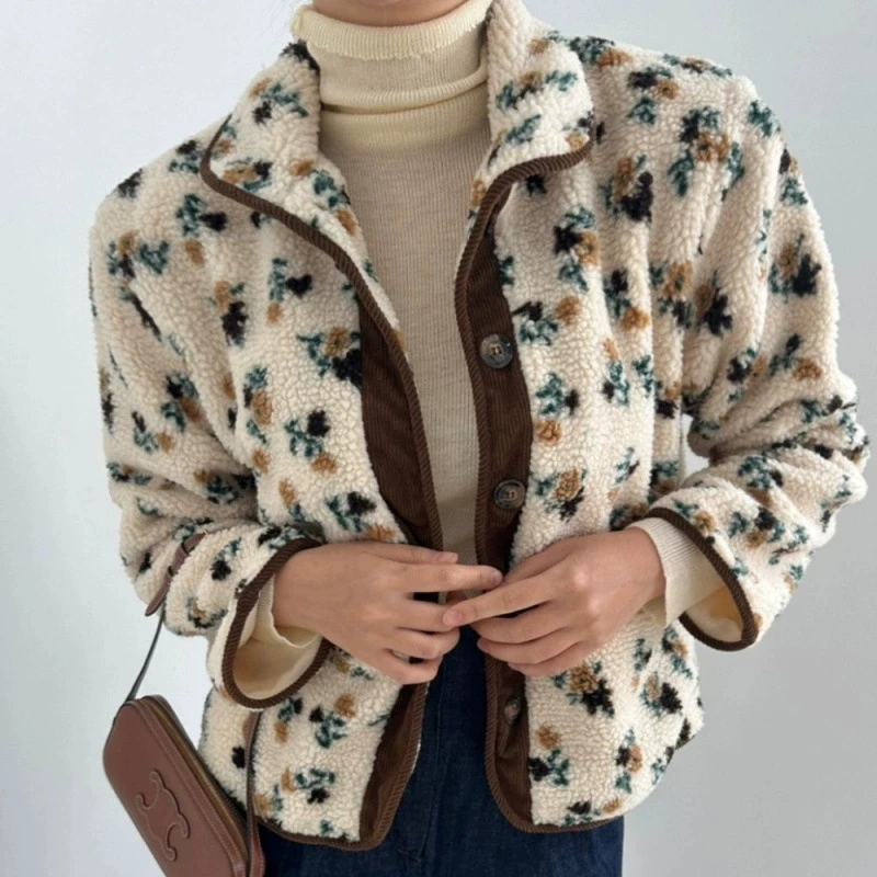 Women's Contrast Color Flower Jacquard Lambswool Coat Winter Warm Casual Loose Top with Pocket Short Length