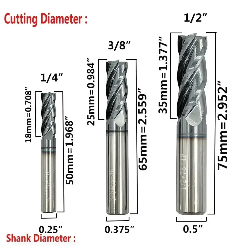 Carbide Square End Mill Set 5pcs HRC 45 Deg Single End 4 Flute AlTiN Coating Mill Bits