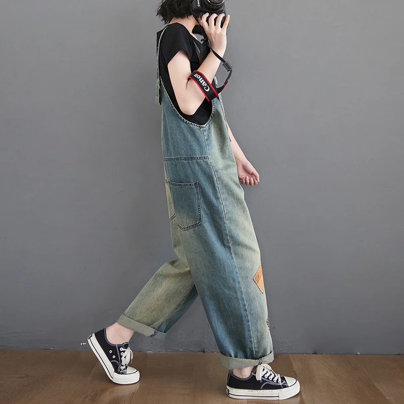 Denim Shoulder Pants, Chubby Mm Artistic Age Reducing Contrasting Color Patch Jumpsuit, Women's Spring/summer New 2023