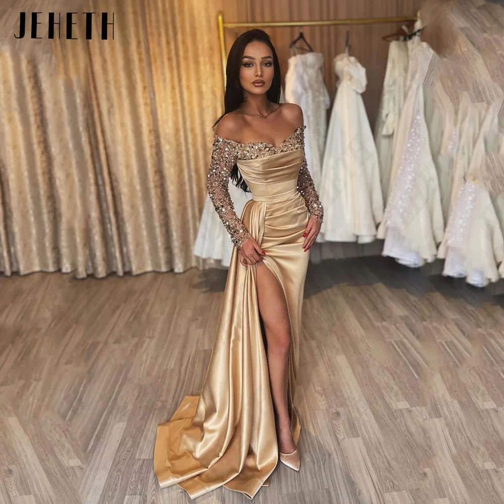 JEHETH Modern Champagne Evening Dresses Off Shoulder Sweetheart mangas compridas VestiJEHETH Modern Champagne Vestidos de noite Off Shoulder Sweetheart mangas compridas Prom Vestidos Sereia Satin 2024 vestidos de noche