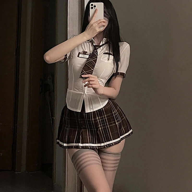 

Sexy Student Uniform Set for Women School Girls Themed Party Cosplay Costume Mini Skirt Tight Blouse Set Outfit Lingerie Clubwea