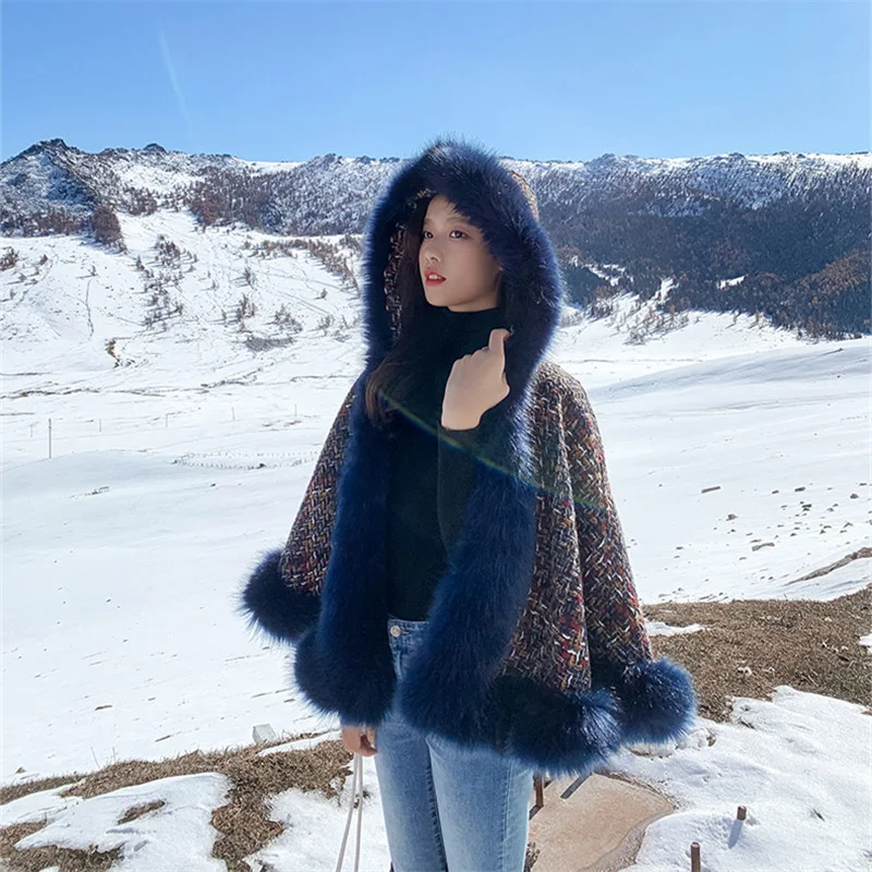 Winter Thick Warm Tweed Jacket Women Big Fur Collar Hooded Shawl Cloak Fur Coat Female Loose Short Woolen Splicing Fur Jacket