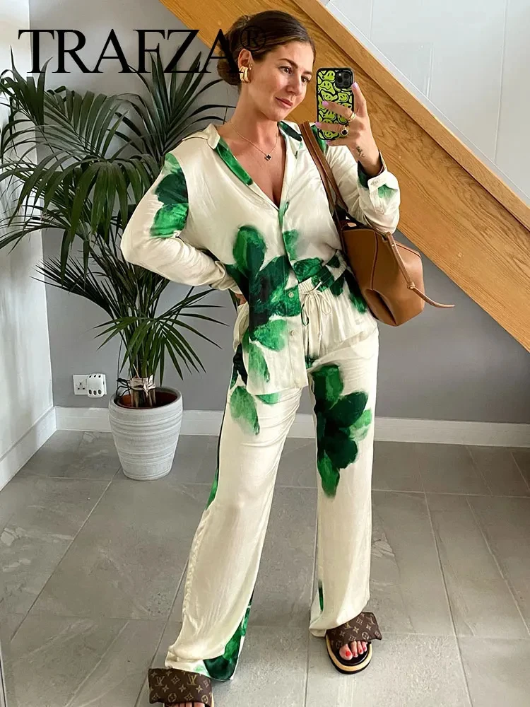 TRAFZA 2024 Summer Female Elegant Floral Print 2 Piece Suit Long Sleeves Lapel Blouse+Drawstring Wide Leg Pants Causal Outfit