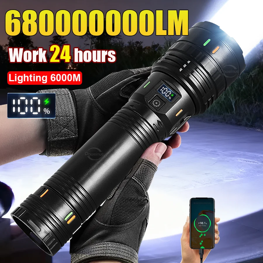 

Самый мощный светодиодный фонарик 680000000LM, сильный свет, тактические фонарики для кемпинга, дальнего выстрела, 6 км, перезаряжаемая лампа