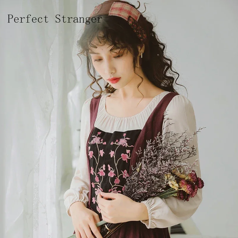 2024 Spring Autumn Winter New Arrival Retro  Round Collar Flower Embroidery Long Sleeve Woman Cotton Long Dress With Head Scarf