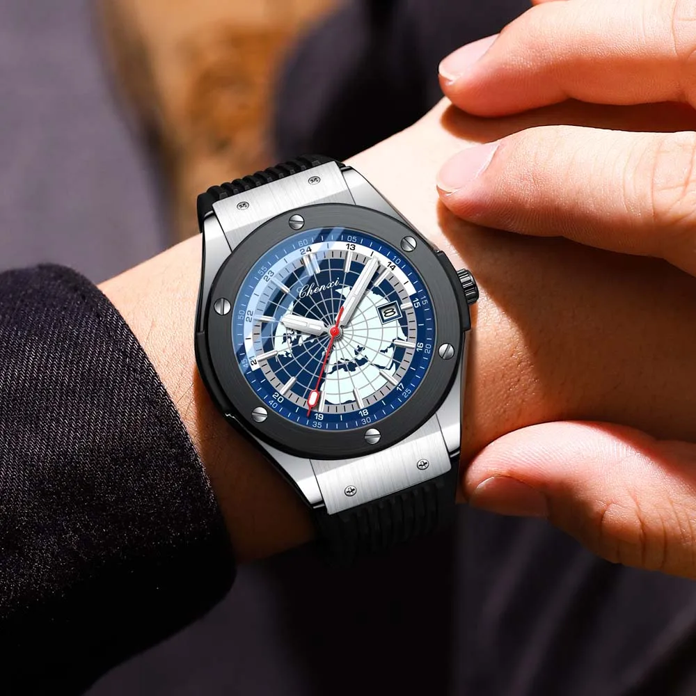 CHENXI Fashion Men's Watch Rivet Map Date Luminous Silicone Strap Trendy Quartz Wristwatch relojes para hombres