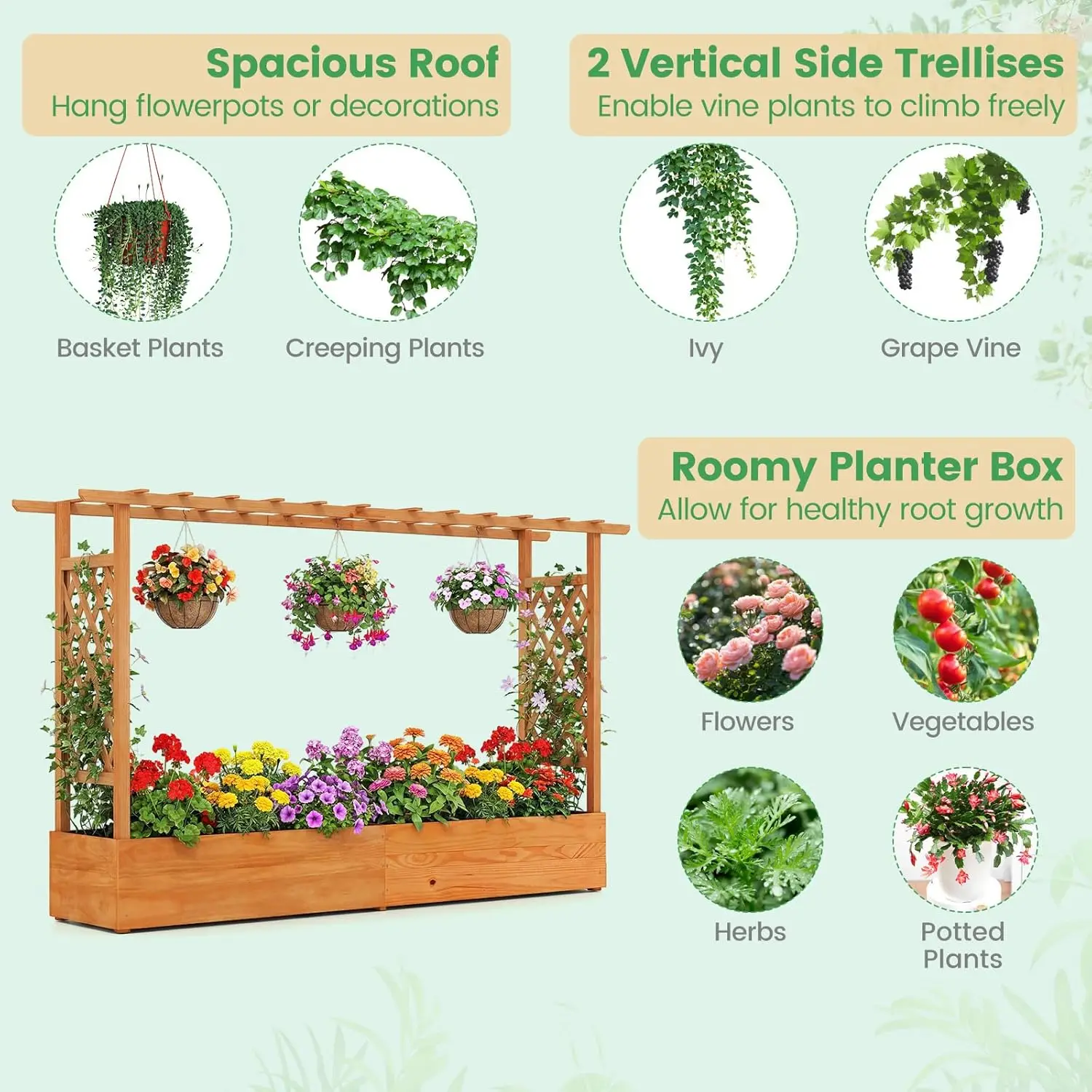 Freestanding Outdoor Wood Planter Box with Trellis - Drainage Holes Garden Bed for Climbing Vines