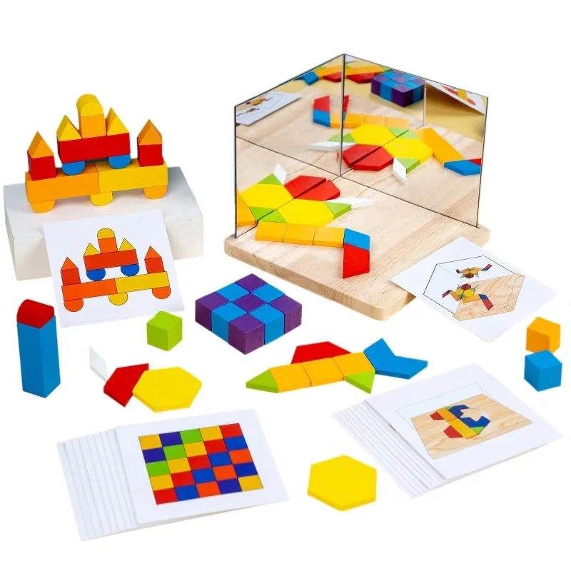 Montessori espelho quebra-cabeça brinquedo para crianças de madeira cedo brinquedos educativos pensamento lógico espaço treinamento cérebro jogo crianças brinquedo