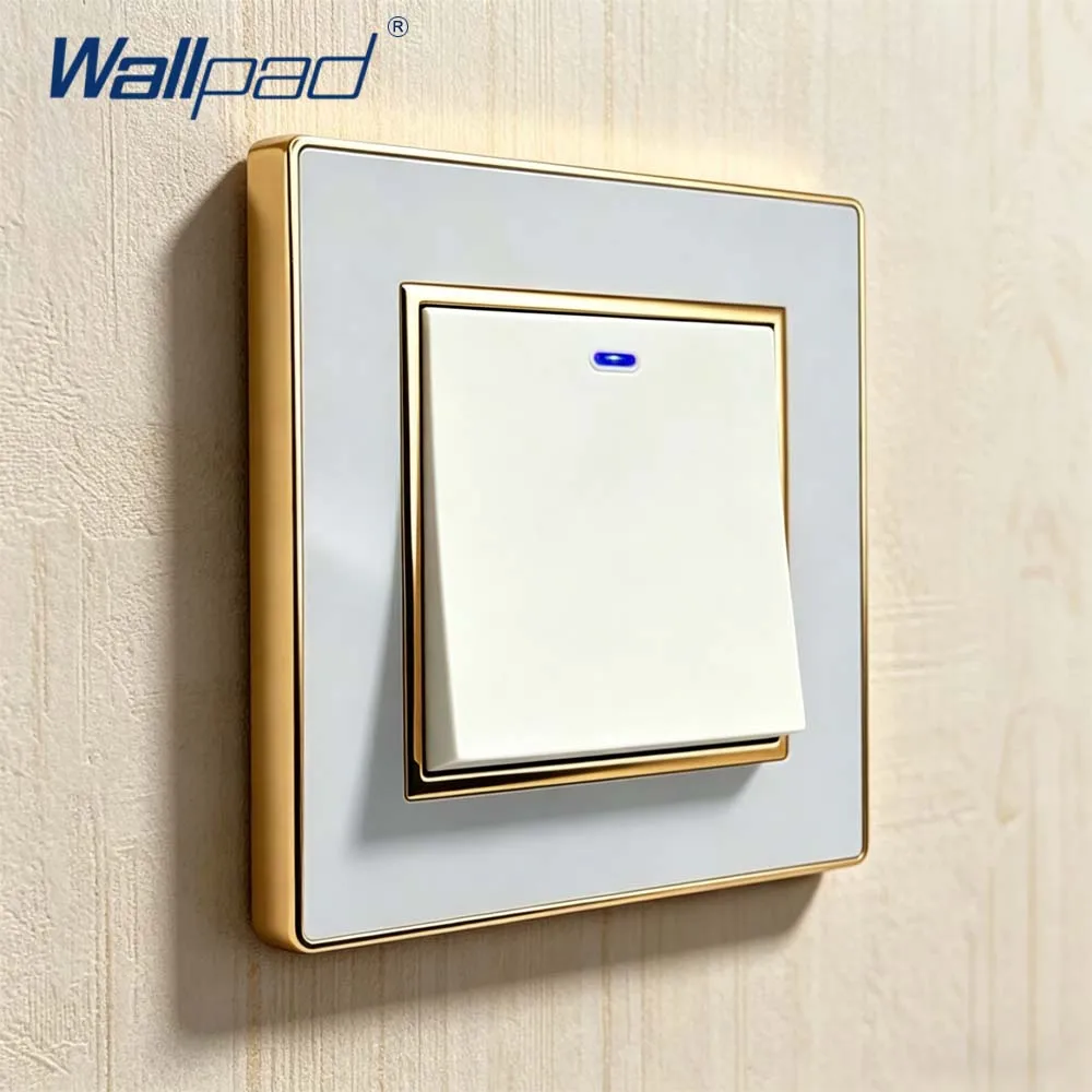 Wallpad – panneau acrylique blanc avec bordure dorée, interrupteur d'éclairage mural à 2 voies avec indicateur LED, prise électrique ue avec USB