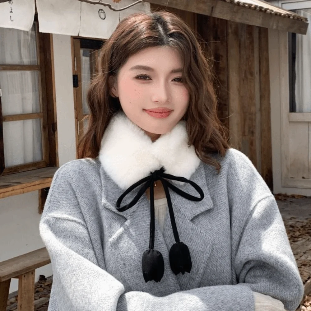 

Sweet Rabbit Fur Earmuffs Multi Functional Tulip Flower Tether Warm Plush Scarf Headband Neckerchief Fur Neck Warmer Travel