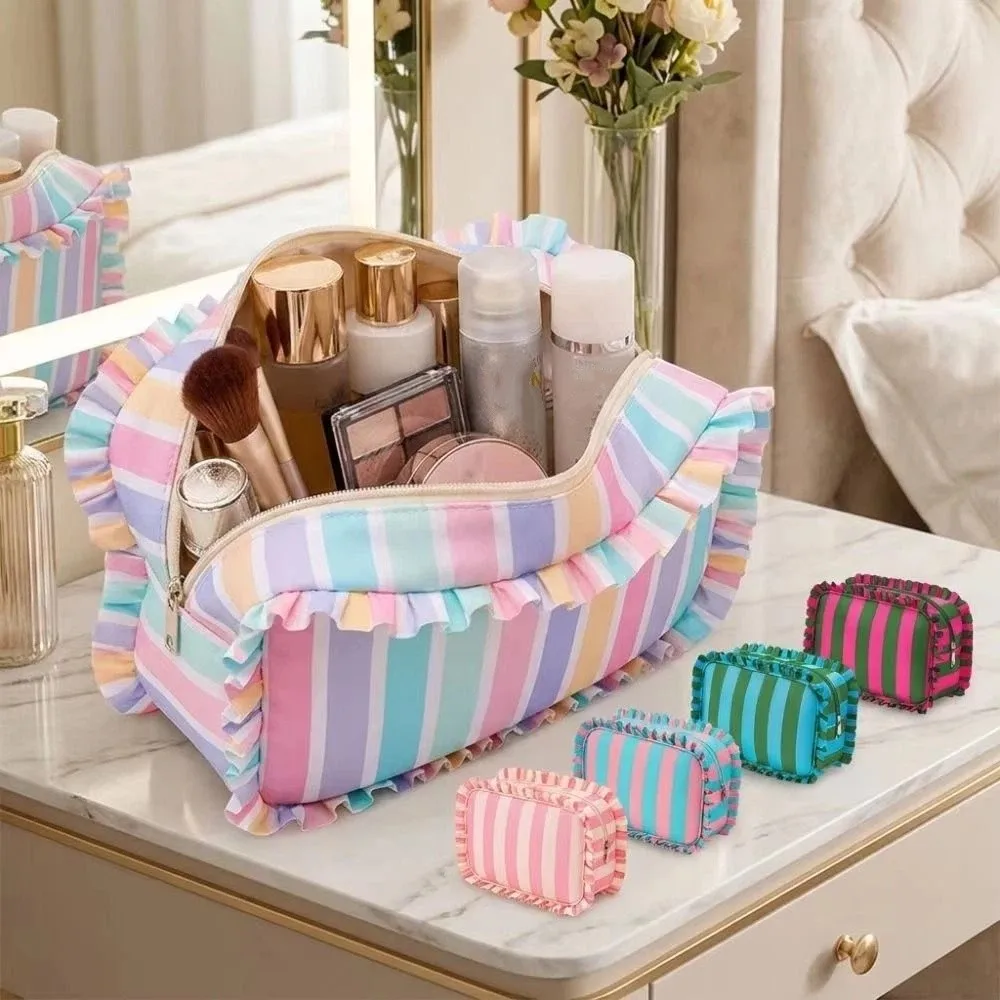 Ruffle Decoration Striped Cosmetic Bag Colorful Zip Top Striped Makeup Organizer Flat Bottom Oxford Travel Zipper Pouch