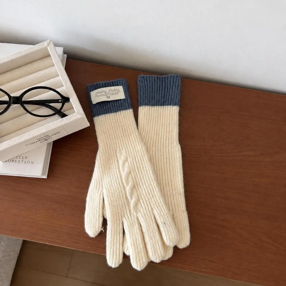 Casual Polyester Cable Knitted Gloves Stretchy One Size Fit Full Finger Gloves Warm Lining Long Cuff Gloves For Couples