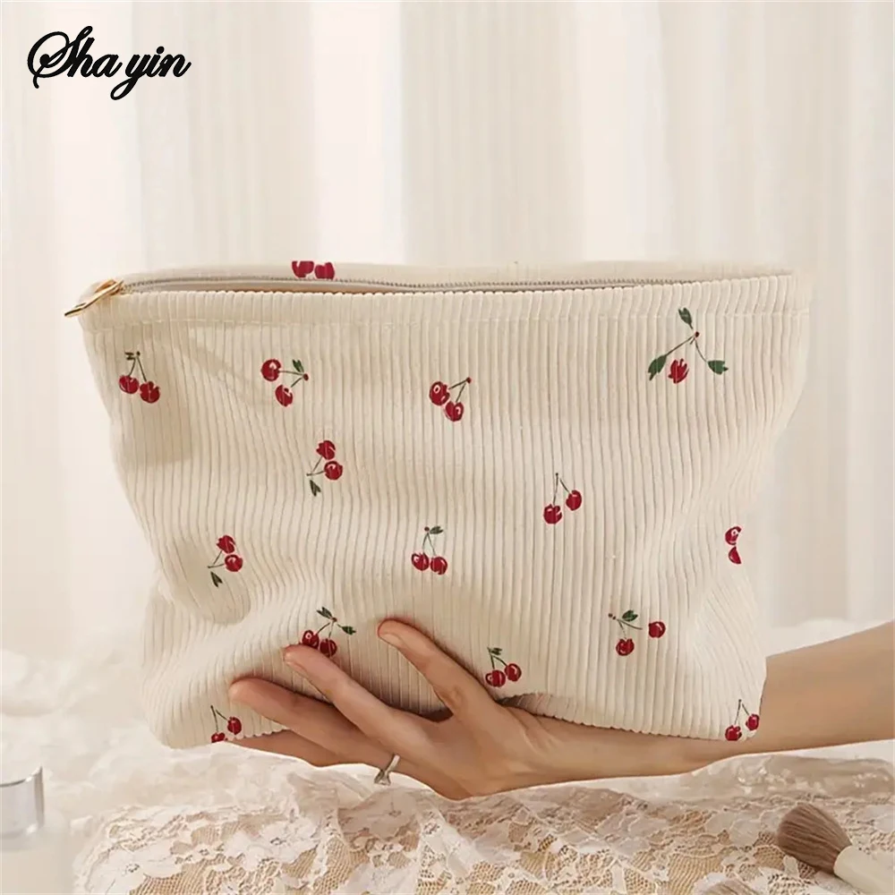 Hand Painted Cherry Corduroy Drawstring Makeup Bag Lightweight Travel Toiletry Pouch Bohemian Style Cosmetic Organizer