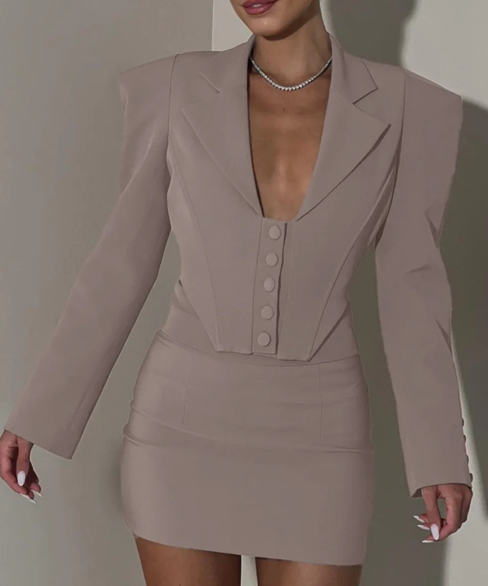 Blazer court cranté solide et mini jupe pour femme, ensemble deux pièces, blazer avec batterie sexy, robes trempées, tenues de club, nouveau, printemps 2025