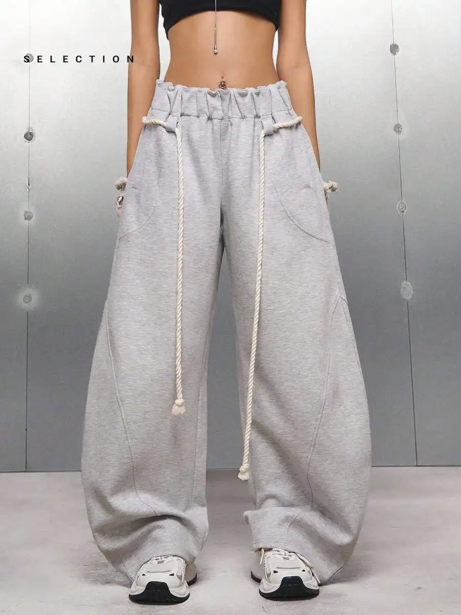 

Women's High-Waist Loose Wide Leg Sweatpants with Rope Drawstring and Pockets