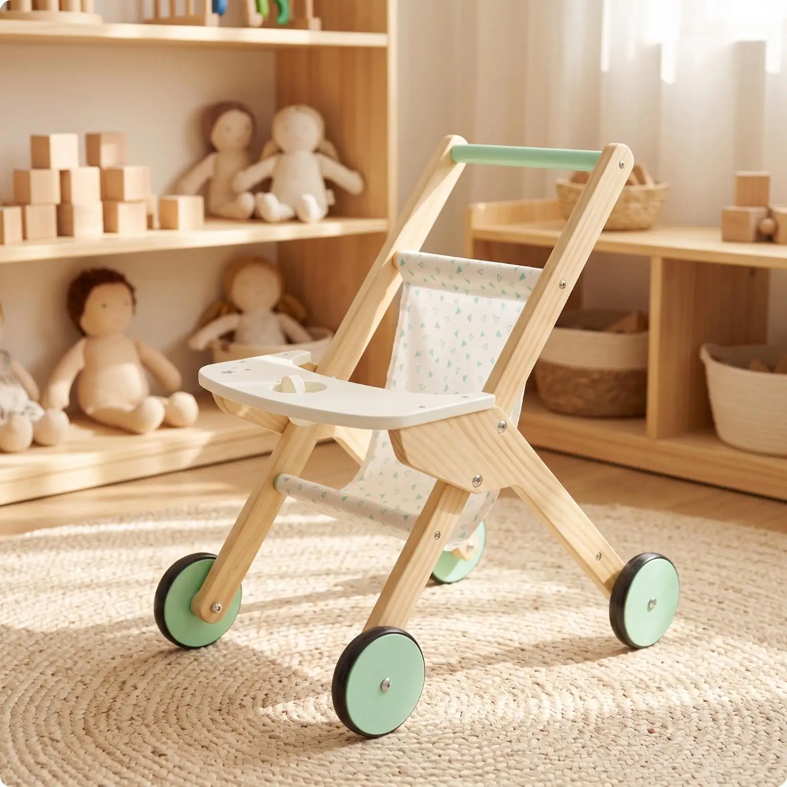 Imaginative Role-Play Toy Pushchair | Sturdy Wooden Frame, cloth seat Seat, toy pushchair with Tray, for Playroom