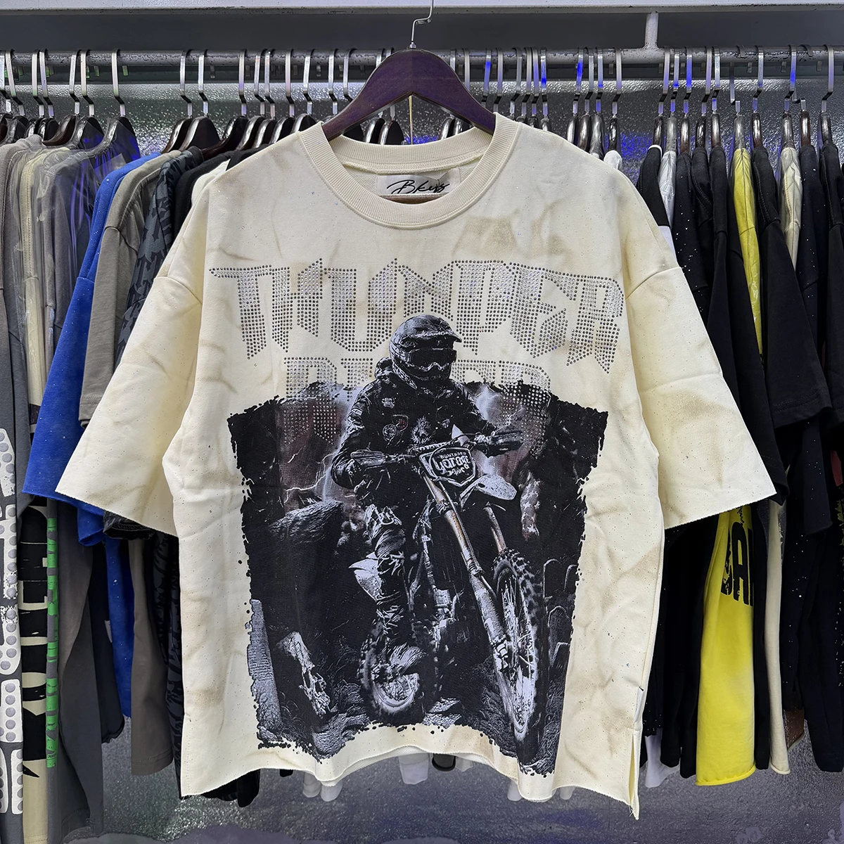 New letter printed casual fashion brand BKYS Thunder Ride F-Terry Cropped Tee shiny rhinestone looped short sleeved T-shirt man