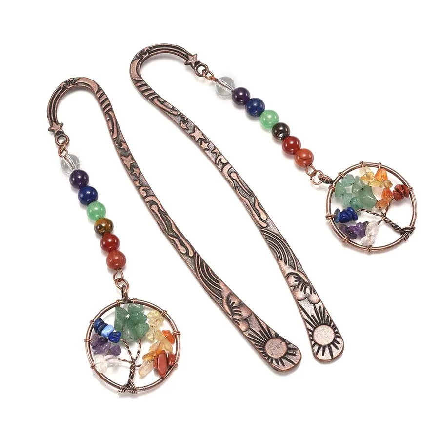 Natural 7 Chakra Quartz Crystal Beads Reiki Tree Of LIfe Stone Book Mark Red Copper Metal Bookmark Jewelry Fit Women Men Girls