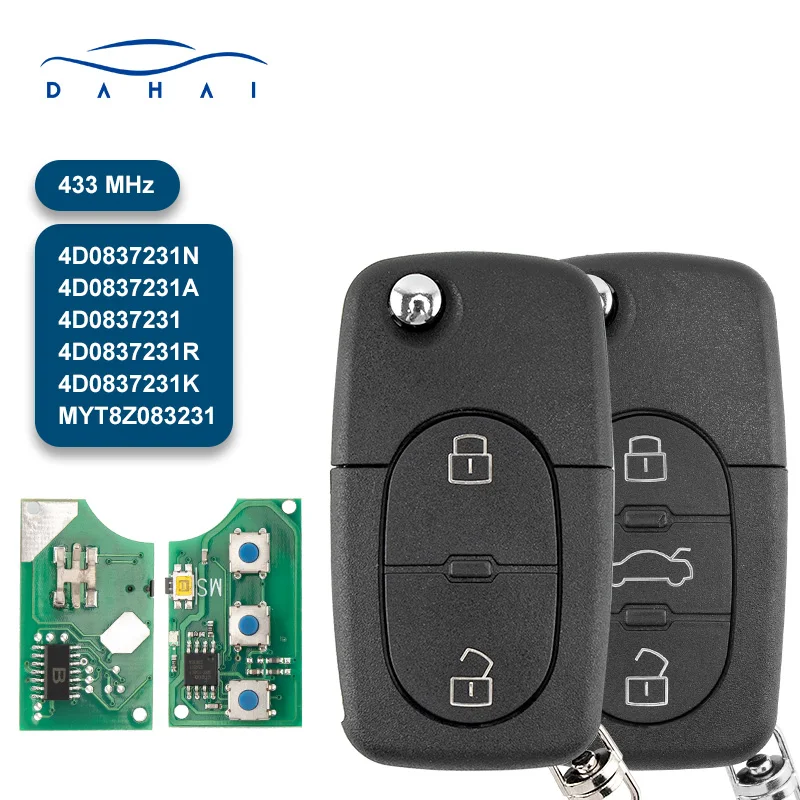 

DAhai MYT8Z0837231 4D0837231K Key Fob For Audi A3 A4 A6 A8 TT RS4 Quattro 1994 - 2004 433Mhz ID48 Chip Car Remote Flip Key