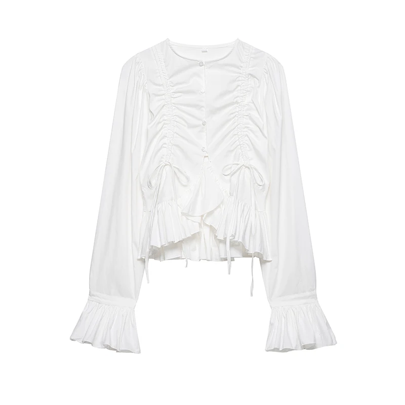 

YENKYE 2026 New Women White Ruffled Shirt Blouse Ruched Drawstring Flare Sleeve Button Down Top For Daily Wear