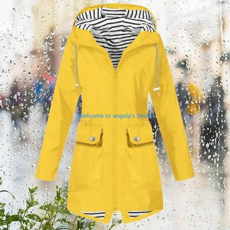 X4YC Water Resistant Coat for Women Striped Layer Long Sleeve Zip Up Hooded