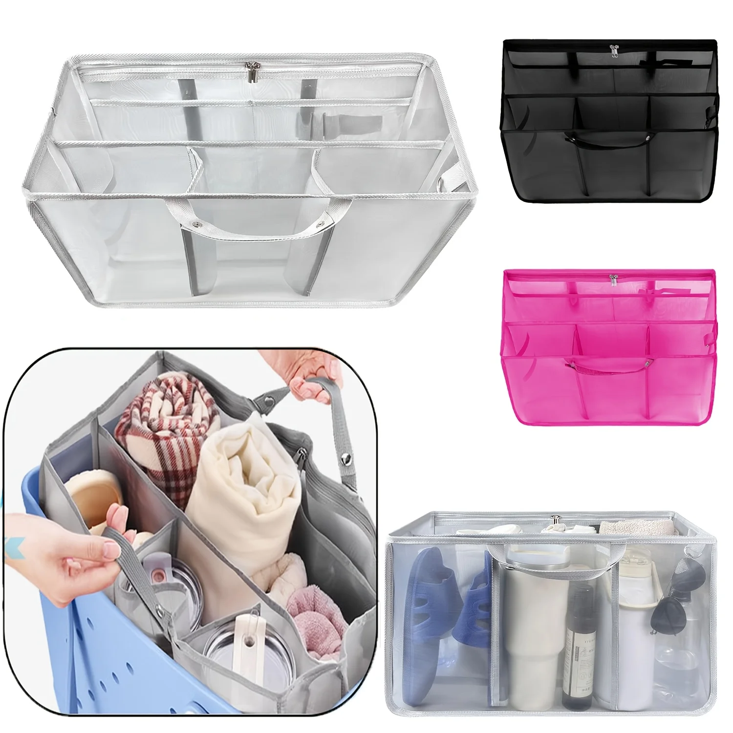 Sac en maille léger, pochette de rangement avec séparateurs, pour sac de plage moyen et grand, kit d'accessoires de rangement intérieur permettant de gagner de l'espace