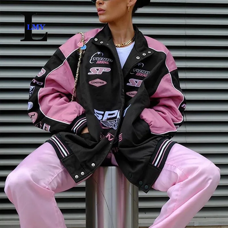 

LMY Bomber Woman Varsity Jackte Baseball Pink Jacket Varsity Y2K Streetwear 2024 Long Racer Patchwork Jackets Letterman Jacktes