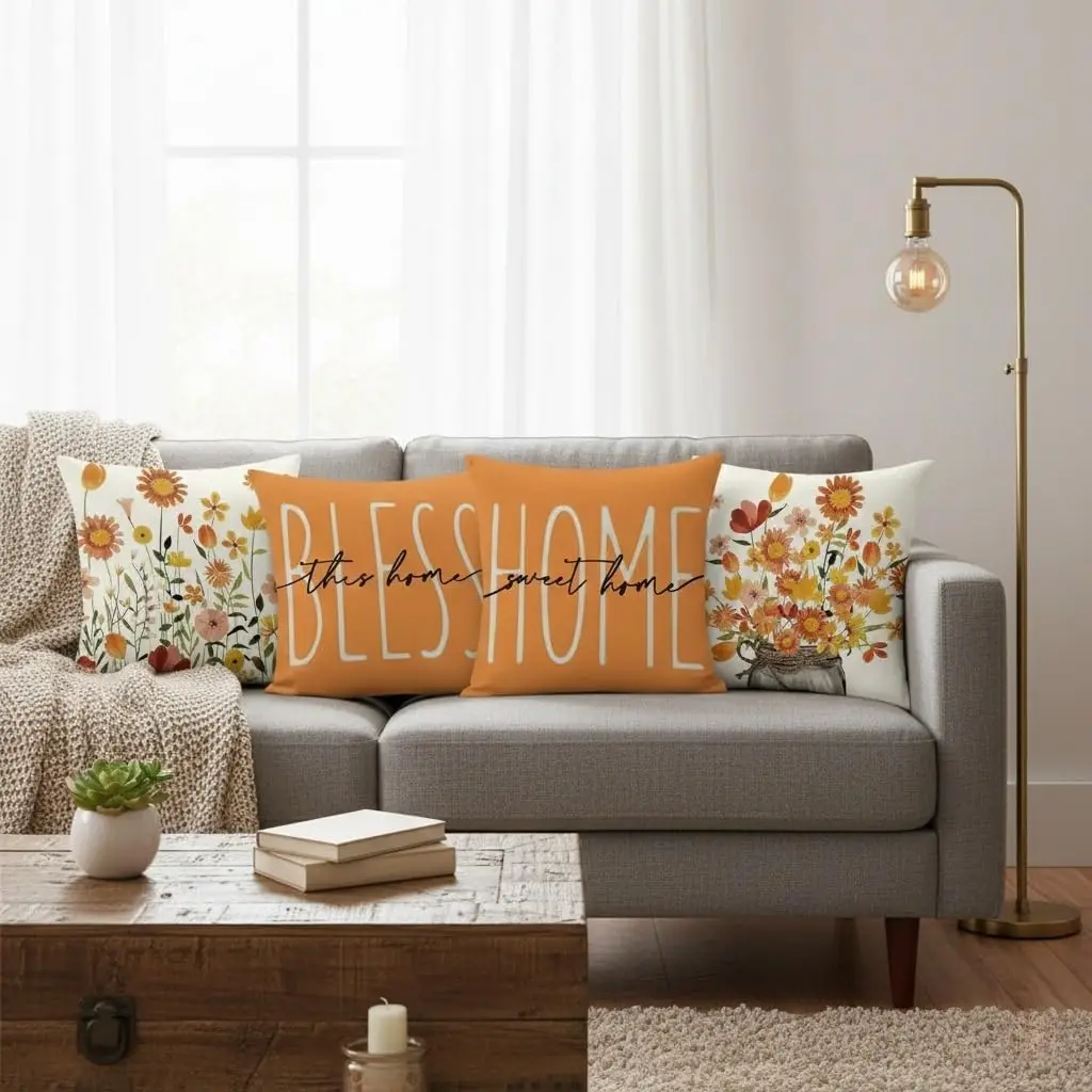 4pcs Orange Floral Text Home Sweet Home Bless This House Printed Pillow Cover Polyester Cushion Case 2D Flat Cozy Decor Now