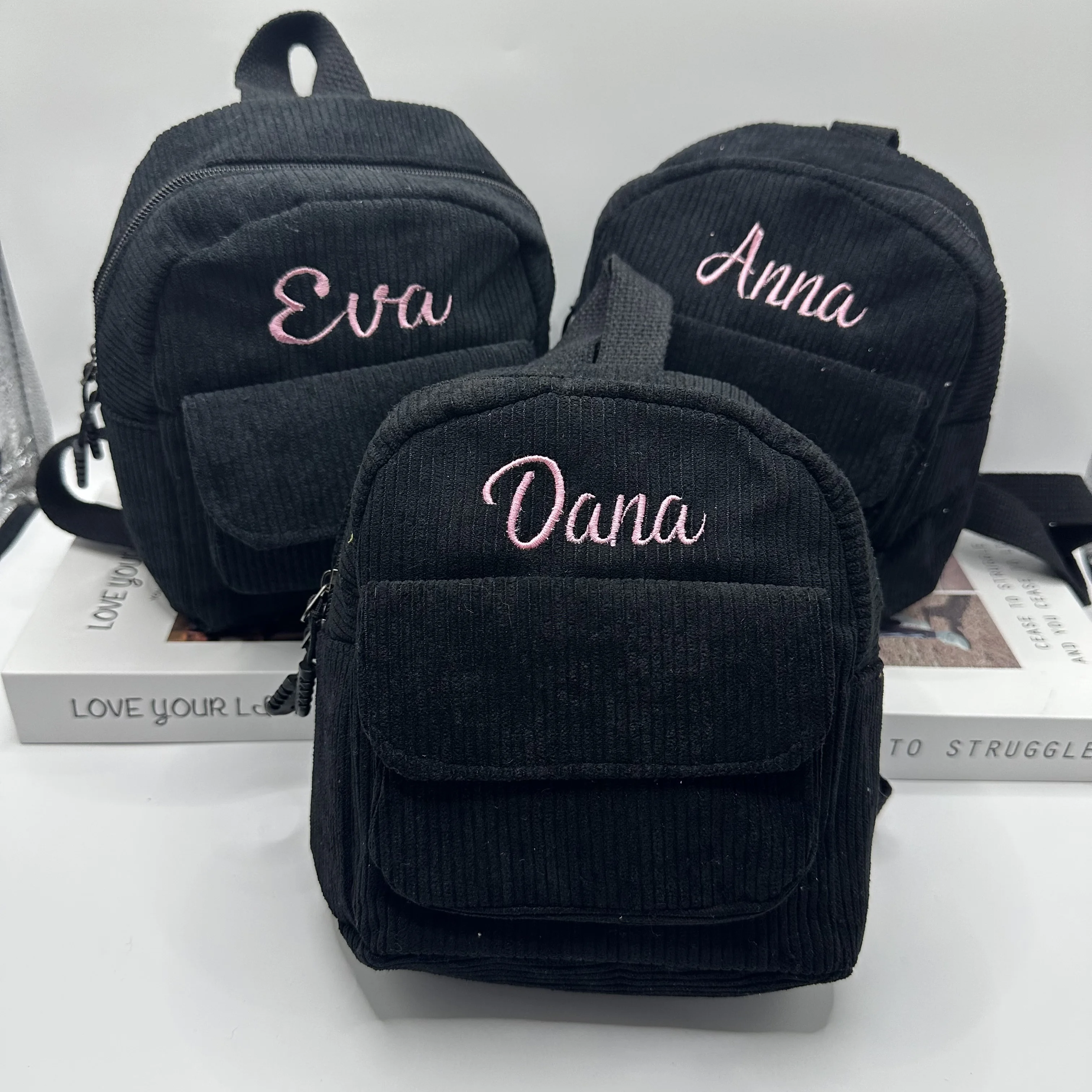 

Corduroy Mini Backpack Embroidered Your Name Fashion Small Backpack Student Girls Causal Outdoor Travelling Bag Custom Your Name