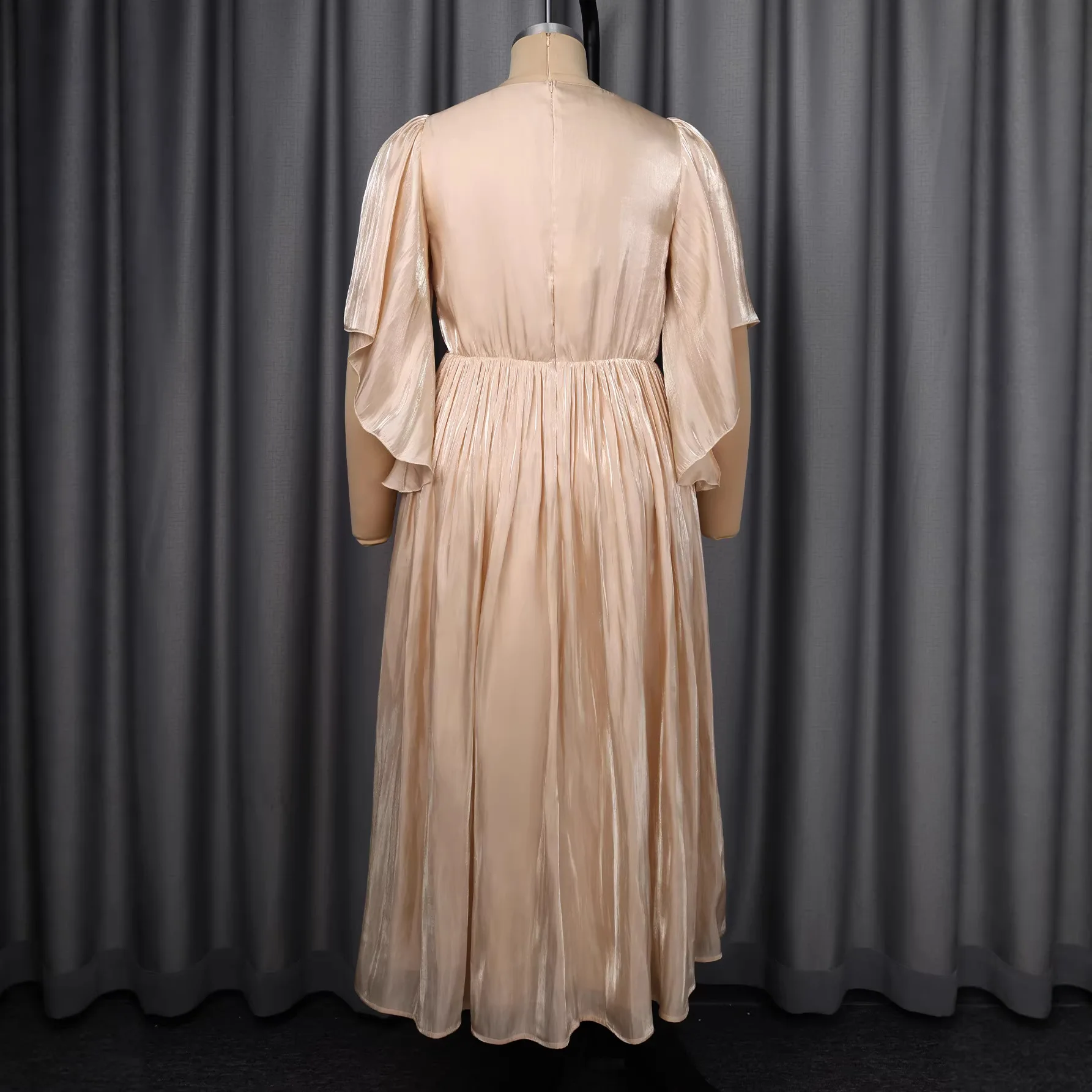 Africa Clothing Women Pleated Dresses V Neck Irregular Sleeves 3D Flower Waist Front Slit Party Evening Weddings Guest Gowns