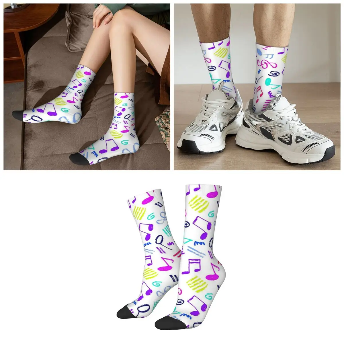 Vibrant Musical Note Design Socks Harajuku Sweat Absorbing Stockings All Season Long Socks for Unisex Valentine's Day Gifts