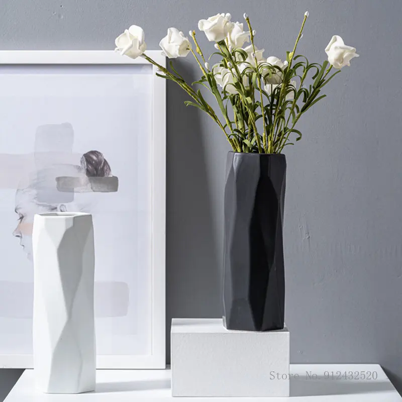 Modern Simple Ceramic Vase Home Table Decor Living Room Decor Flowers Water Flower Arrangement Black, White, Gray Geometric Vase