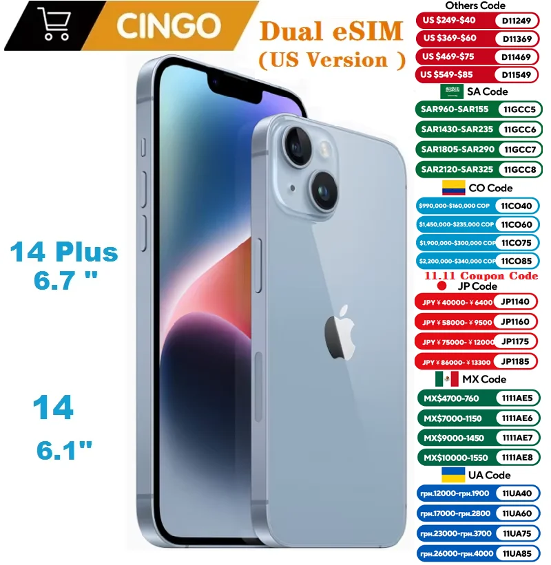 هاتف Apple iPhone 14 / 14 Plus الجديد بنسبة 95% مزود بذاكرة وصول عشوائي 6 جيجابايت وذاكرة قراءة فقط 128 جيجابايت / 256 جيجابايت وذاكرة الوجه المزدوج eSIM OLED وID الوجه NFC A15 5G iphone 14 14 plus